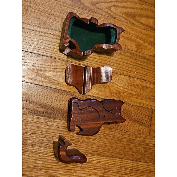 Vintage Wooden Cat Shaped Puzzle Trinket Box, 2.5" 4.5" x 4" - Picture 3 of 11